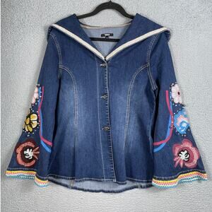 Tesoro Moda Dark Blue Flower Embellished Denim Jacket Womens Size 10